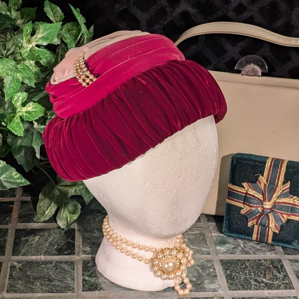 MCM 1950s Vintage Pink Fuschia Velvet Hat w/ Pearl & Rhinestone, Roberta Bernays